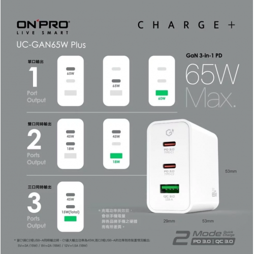 【ONPRO】PD65W 3孔氮化鎵GaN PD快充充電器Plus版